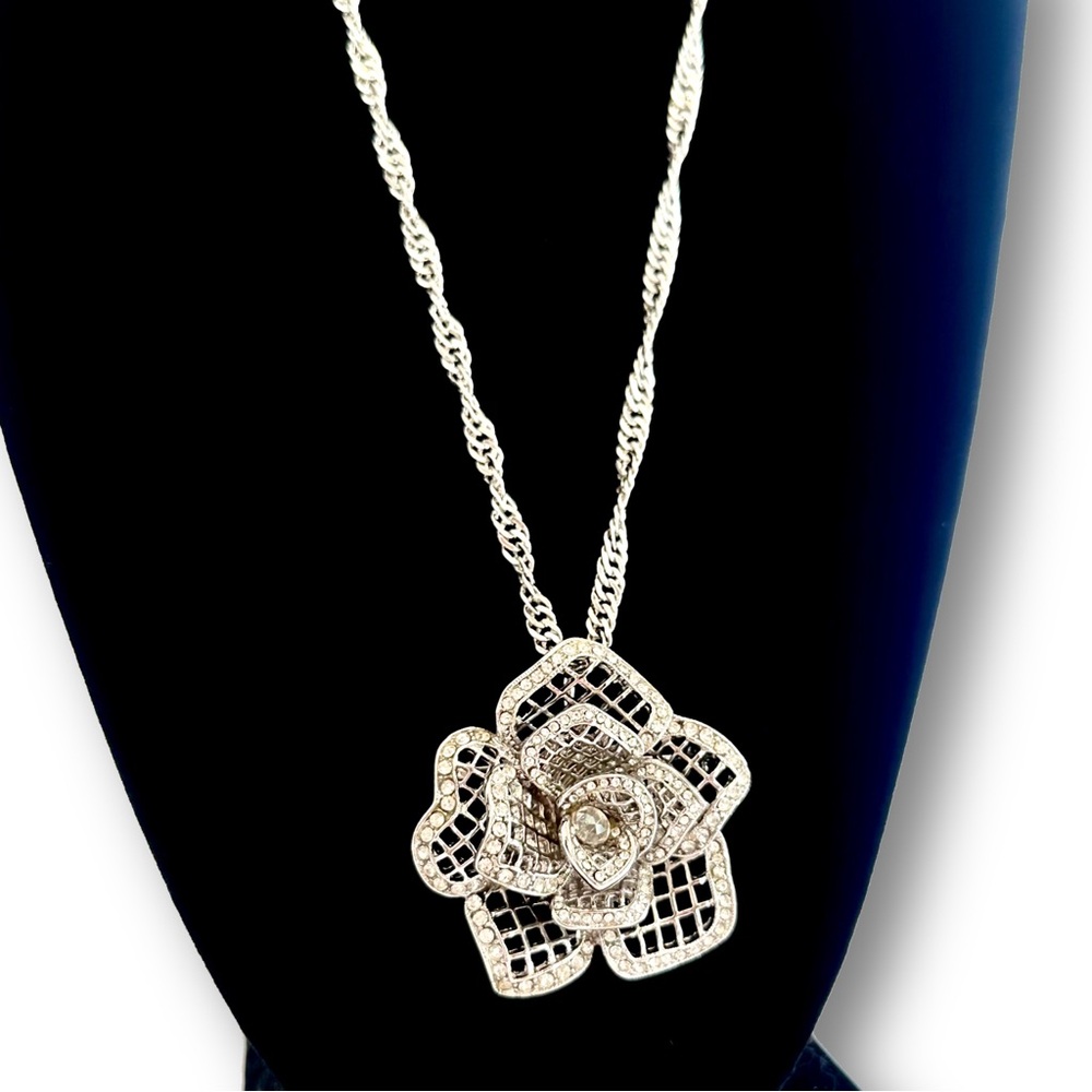 WHBM Pave Crystal Silver Rose Pendant/Broach Convertible Necklace NWT - Picture 11 of 14